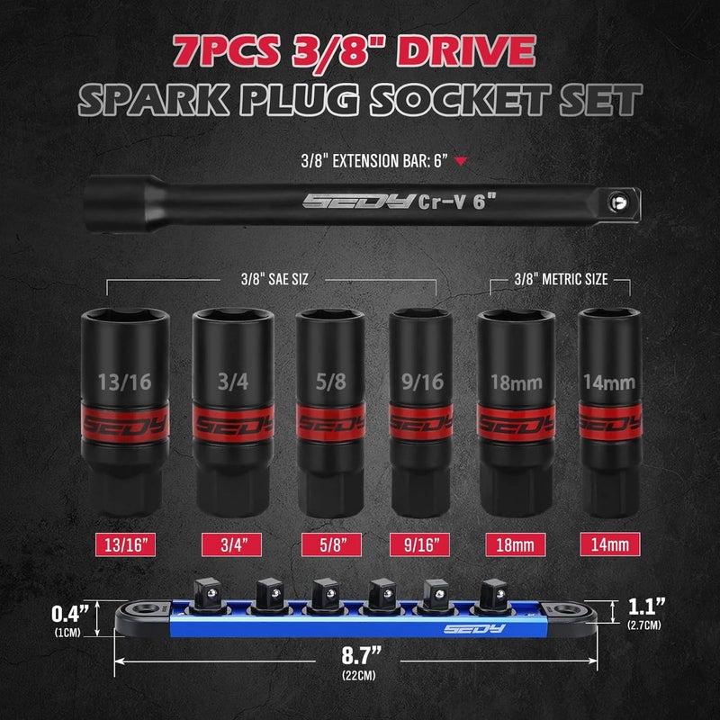 SEDY 8-Piece 3/8''-Drive Spark Plug Socket Set, SAE & Metric Impact Spark Plug Socket Set with Magnetic Rail, 9/16-inch, 5/8-inch, 3/4-inch, 13/16-inch, 14mm, 18mm, Extension Bars - Image 2